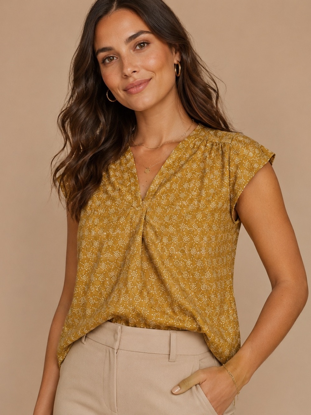 Fun2Fun Mustard Floral V-Neck Blouse Size L Cottagecore Workwear Top